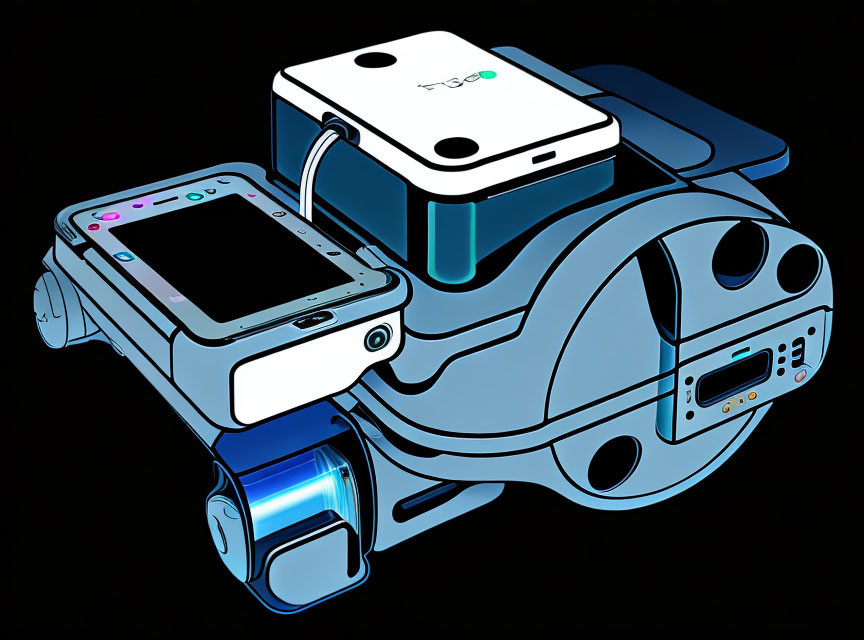 Futuristic gadget illustration with smartphone, camera, and high-tech modules