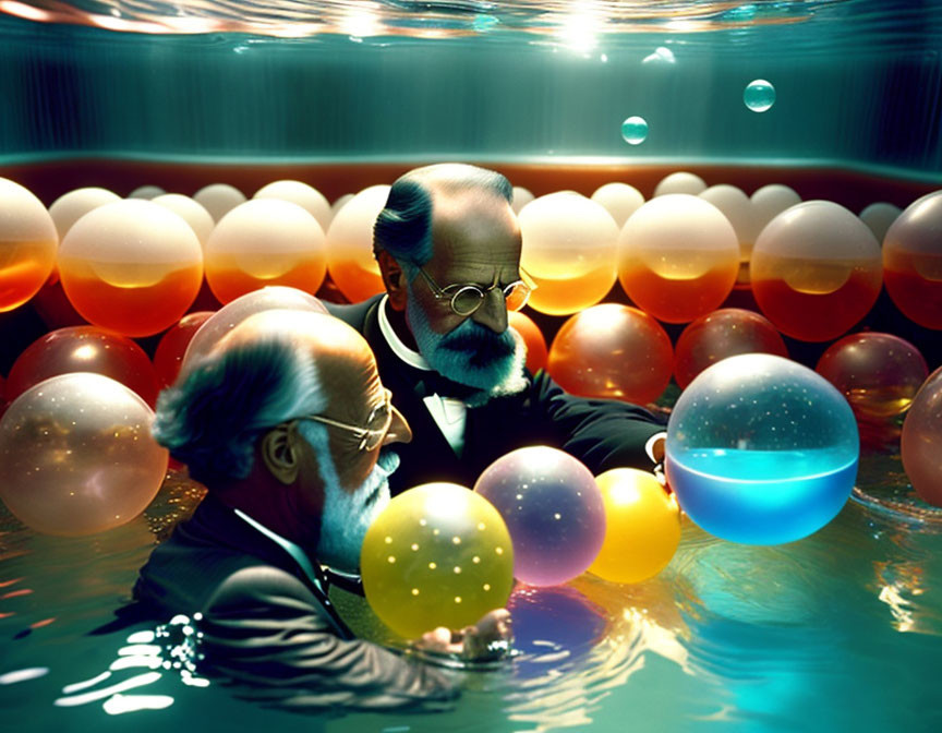 Two men resembling Freud in underwater scene with colorful spheres