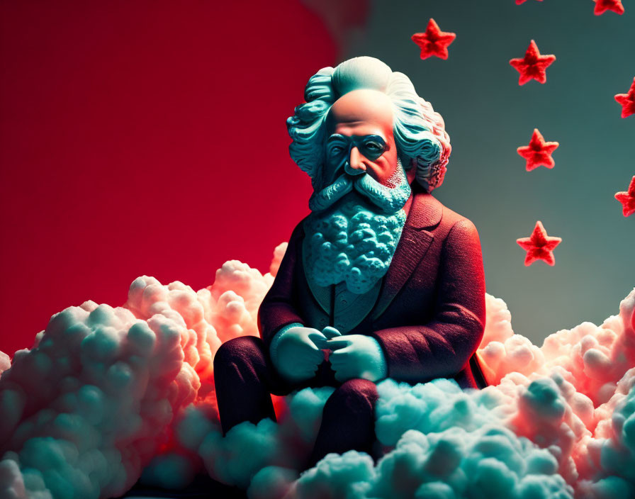 Stylized Karl Marx figure in clouds and red stars on red & teal gradient.