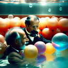 Two men resembling Freud in underwater scene with colorful spheres