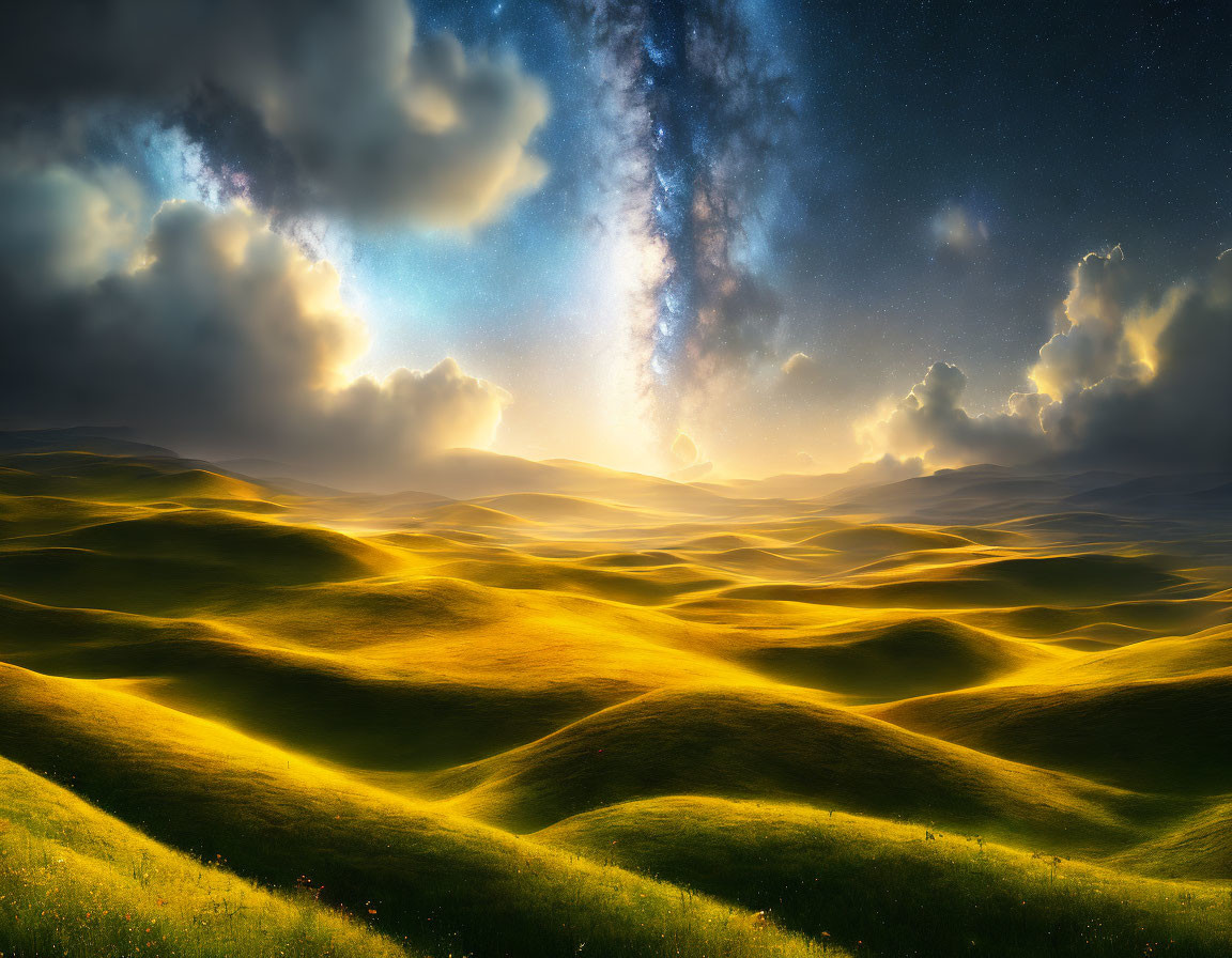 Green hills under dramatic sky with stars and sunlit clouds.