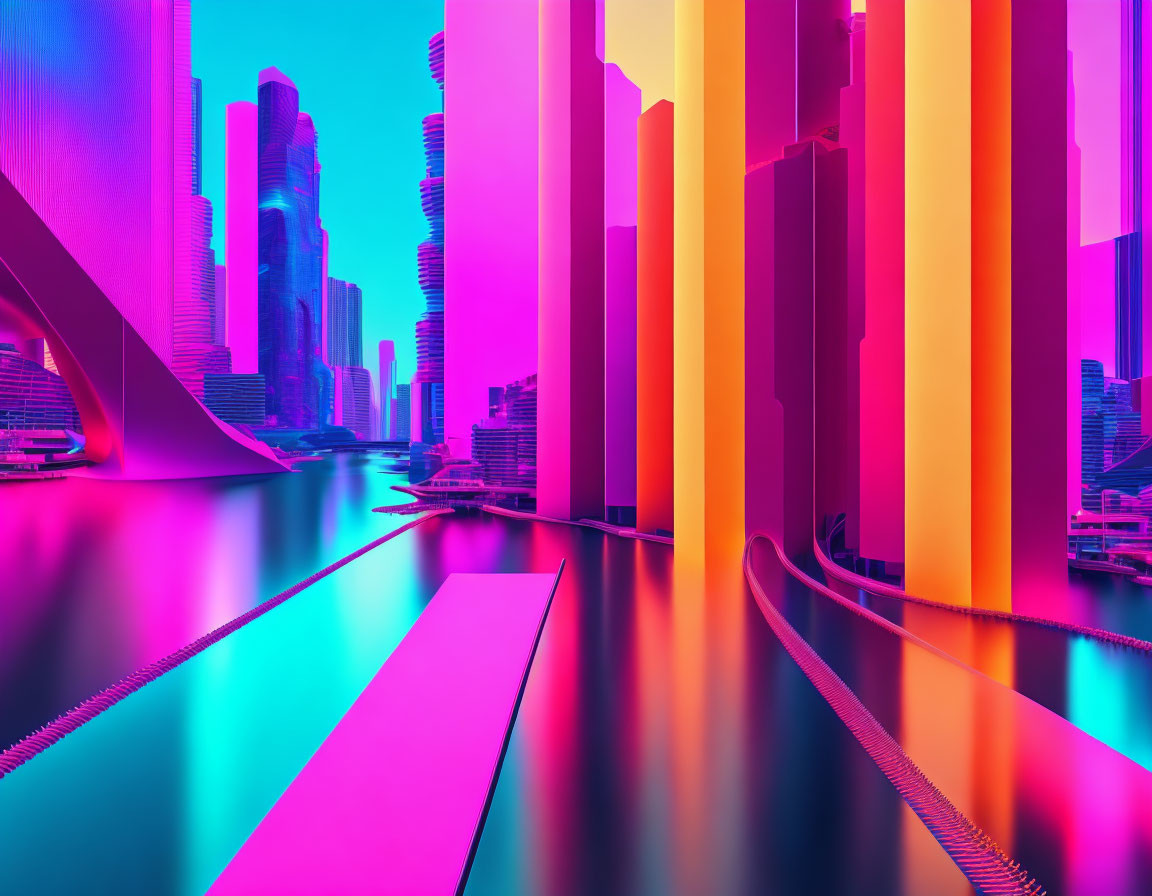 Futuristic neon cityscape with skyscrapers and pedestrian bridge