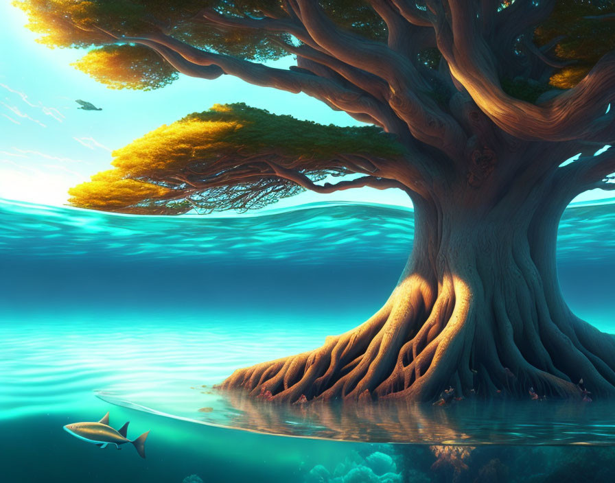 Majestic tree with golden foliage by tranquil waters and shark swimming