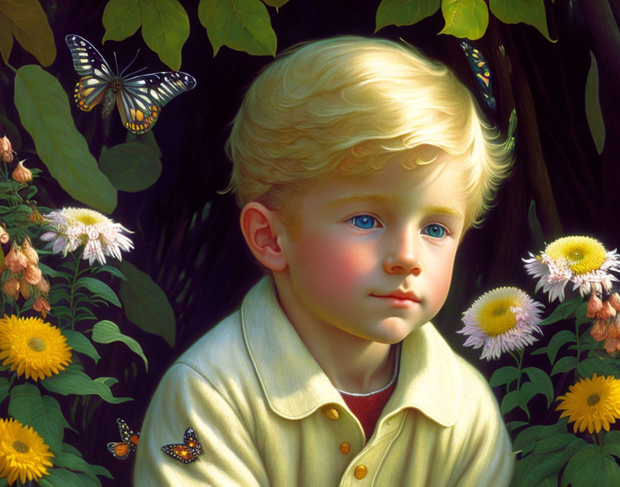 Young child with blond hair in yellow shirt surrounded by flowers and butterflies