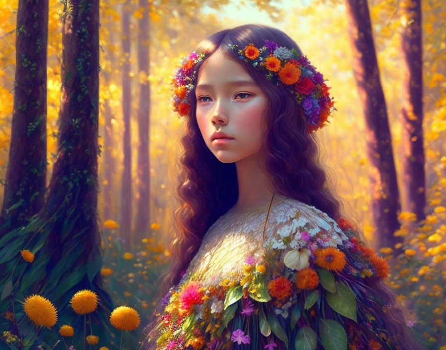 Young Girl in Floral Crown Surrounded by Golden Forest Light