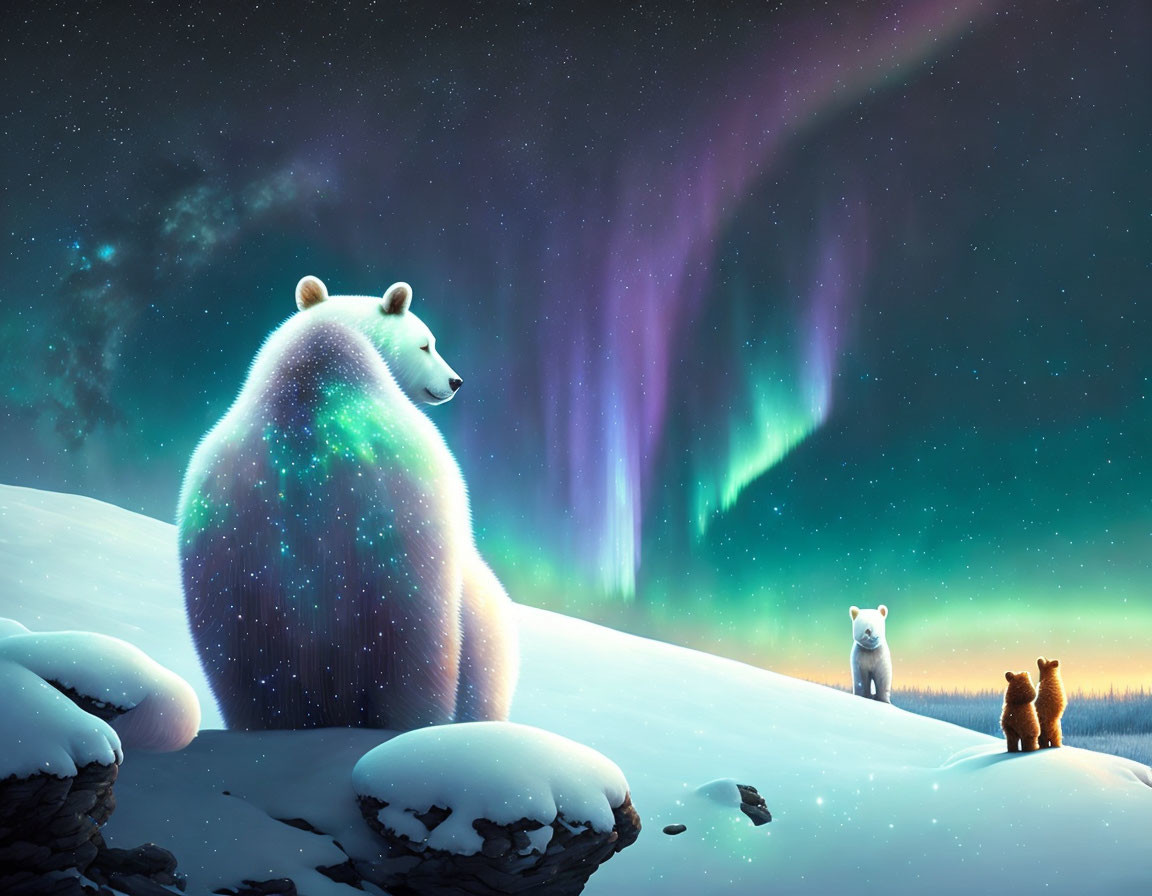 Cosmic-patterned bear with cubs under aurora borealis in snowy landscape