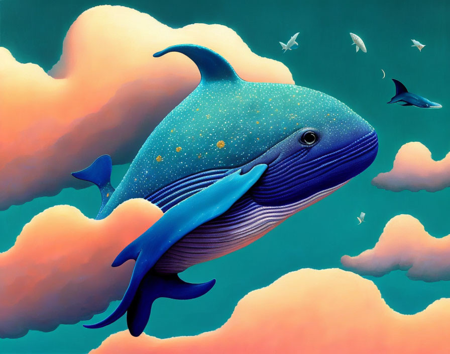 Illustration of Blue Whale Soaring Among Pink Clouds with Fish and Shark