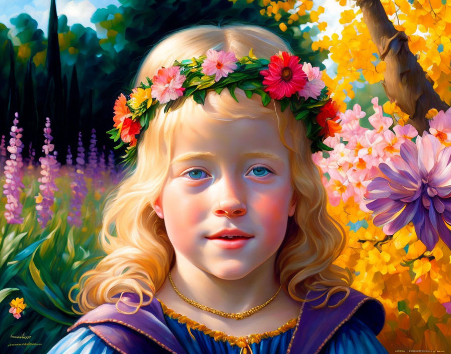 Young girl with floral wreath in lush garden surrounded by vibrant flowers