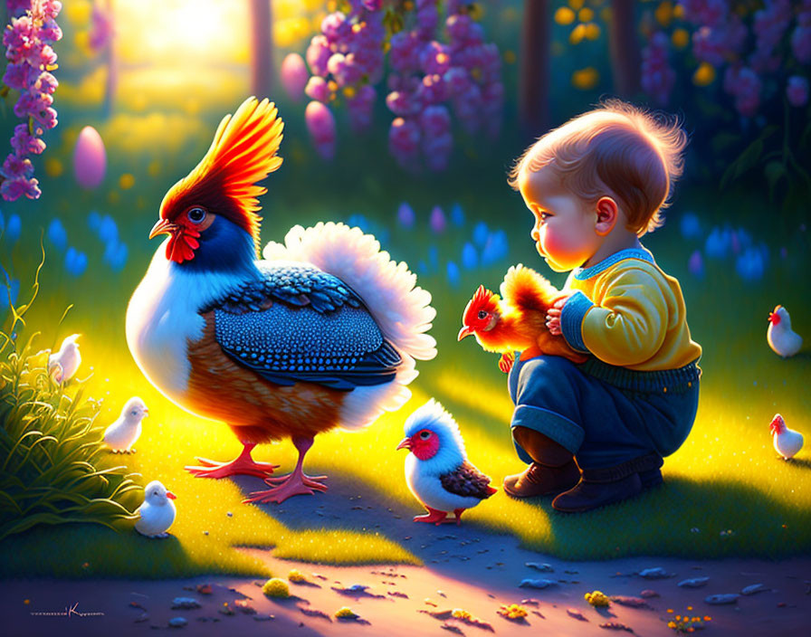 Child observing chicks and colorful rooster in flower-filled garden