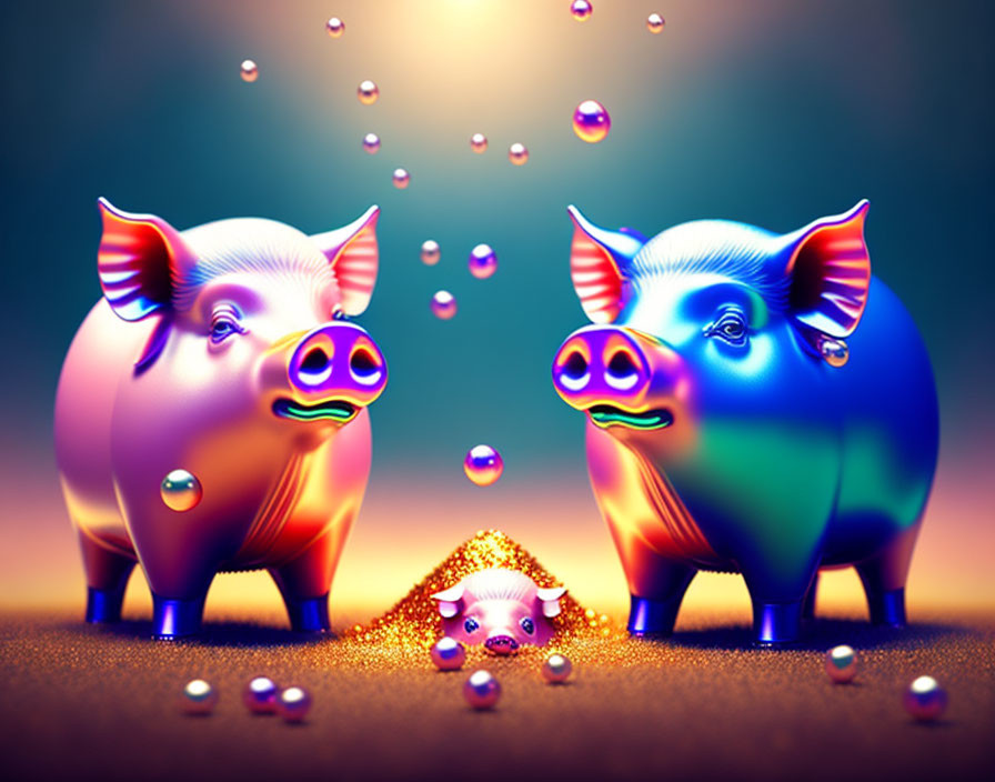 Iridescent piggy banks with coins and bubbles on warm background