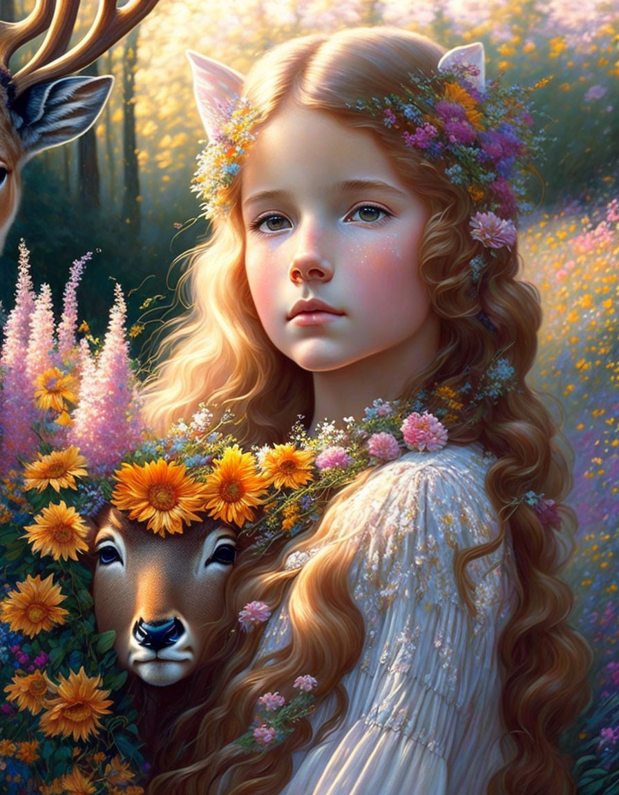 Digital artwork of young girl with floral hair adornments in enchanted forest with deer and vibrant flowers.