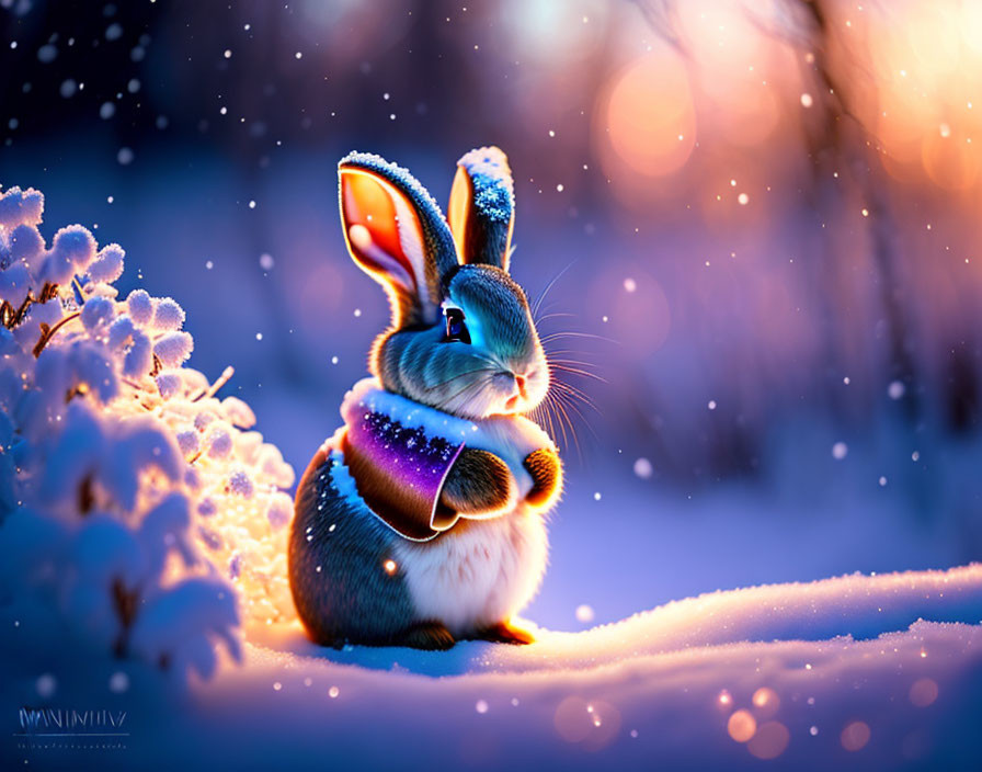 Adorable rabbit in scarf surrounded by falling snowflakes