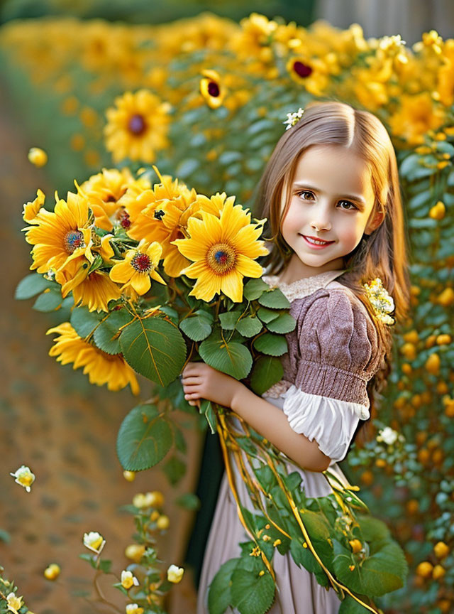 Young girl with sunflowers in a garden wearing brown and white outfit