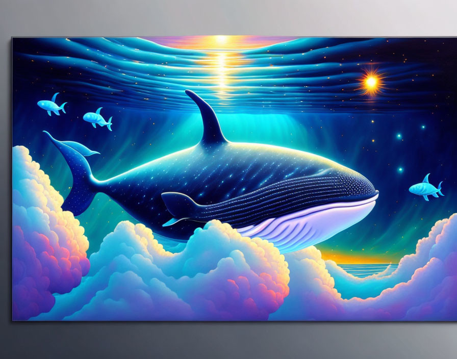 Colorful Artwork: Whale, Fish, and Cosmic Sky