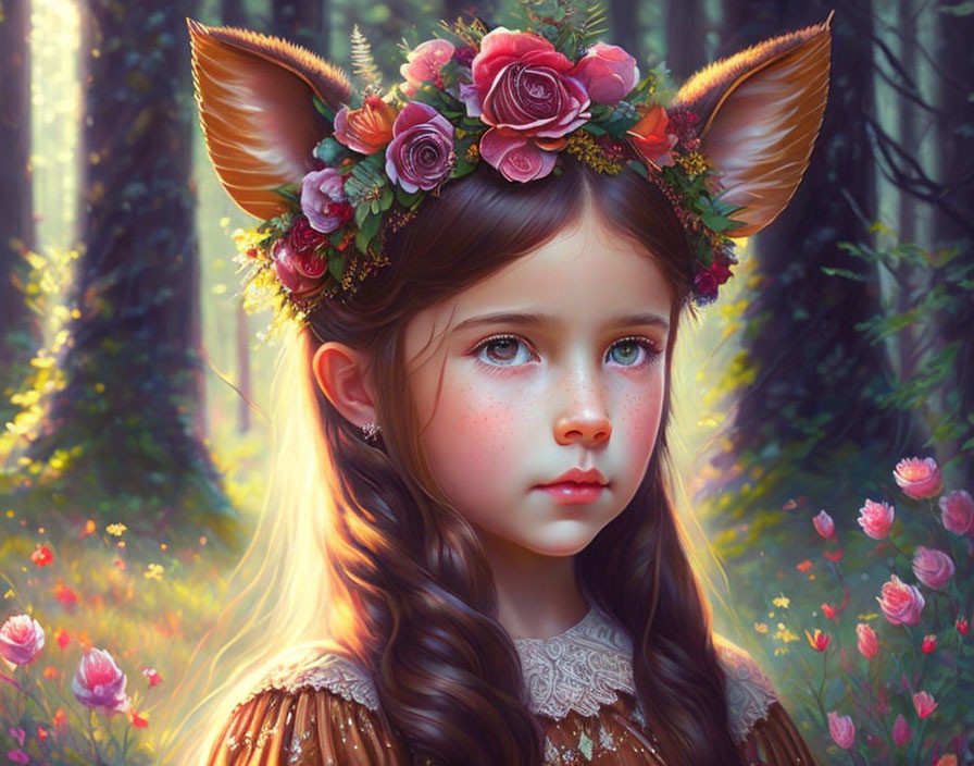 Young girl with fox-like ears in enchanted forest setting.