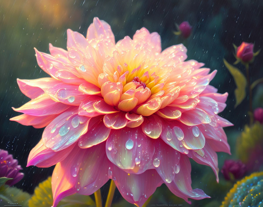 Vibrant Pink Dahlia with Raindrops on Petals and Blurred Foliage Background