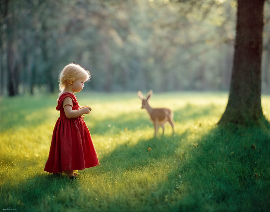 Child in Red Dress Observing Deer in Sunlit Forest