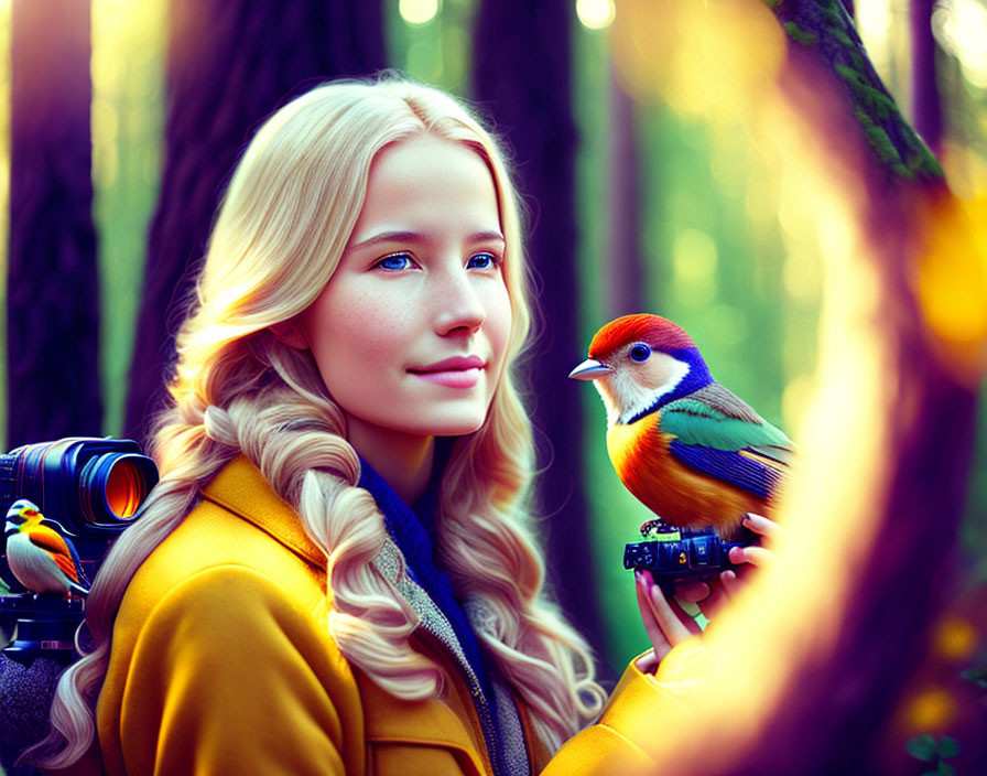 Blonde woman outdoors with camera and colorful bird in forest