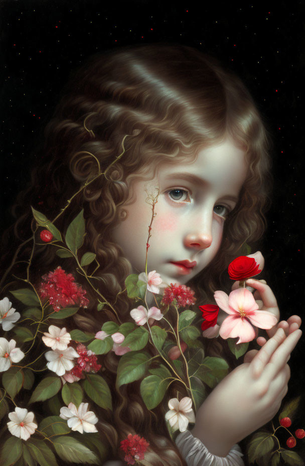 Detailed painting: Young girl with curly hair holding red flower amidst vines and flowers on starry backdrop