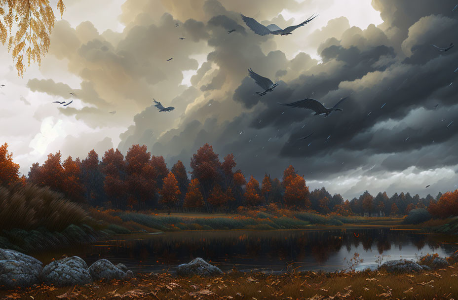 Autumn landscape with stormy sky, flying birds, and reflective lake