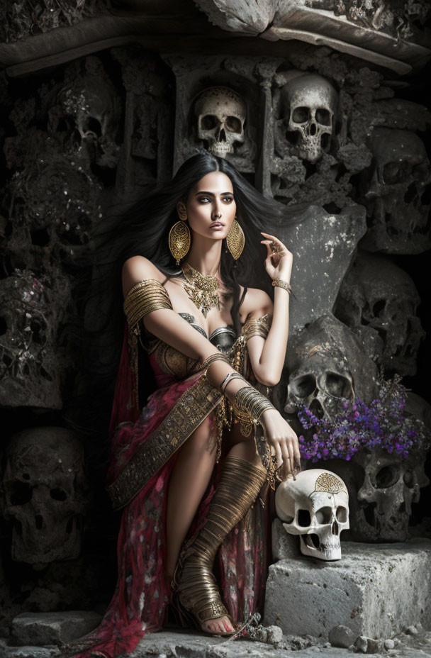 Dark-haired woman in golden and red attire among skulls and rocks