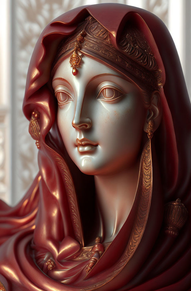 Detailed Woman's Face Sculpture with Intricate Headdress and Jewelry