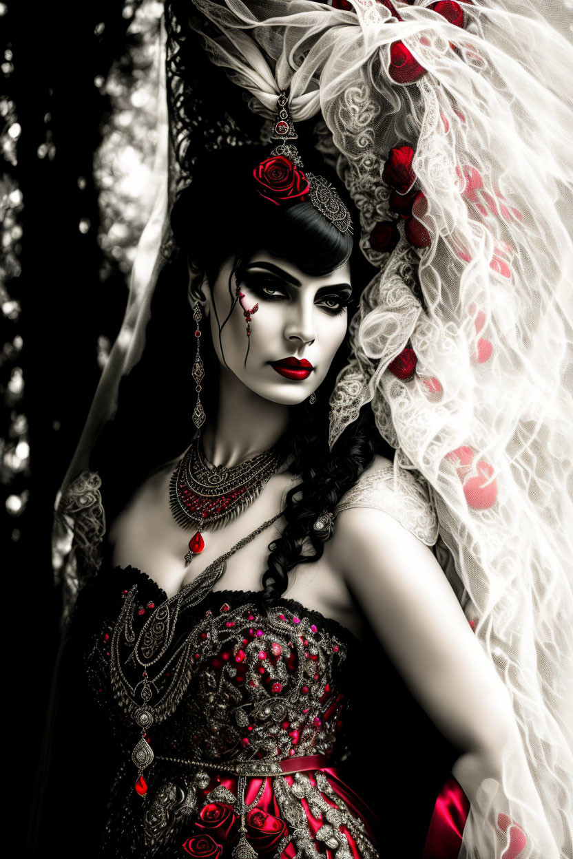 Gothic woman in red-accented dress with elaborate headpiece and stylized makeup, ve