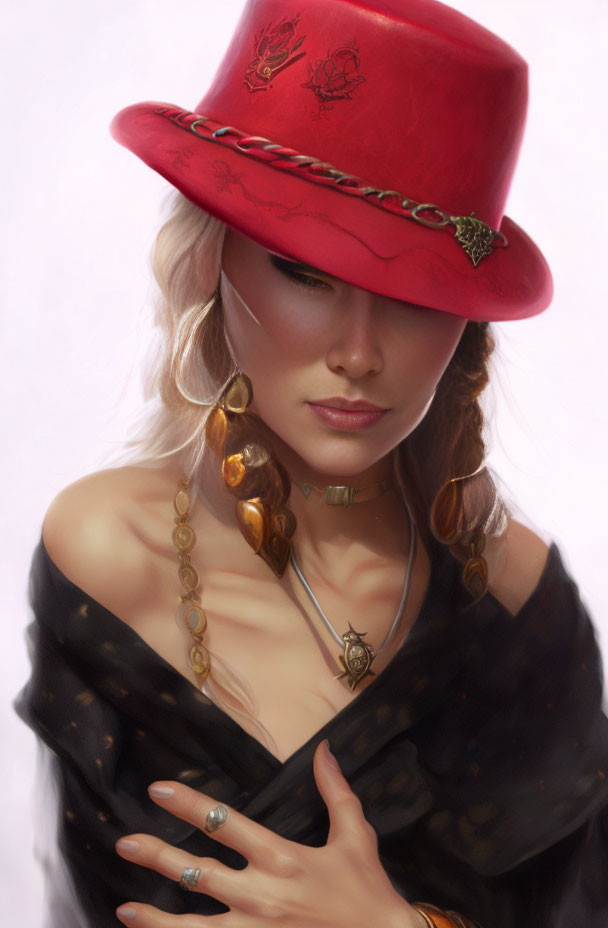 Blonde woman in red hat and black outfit with gold details