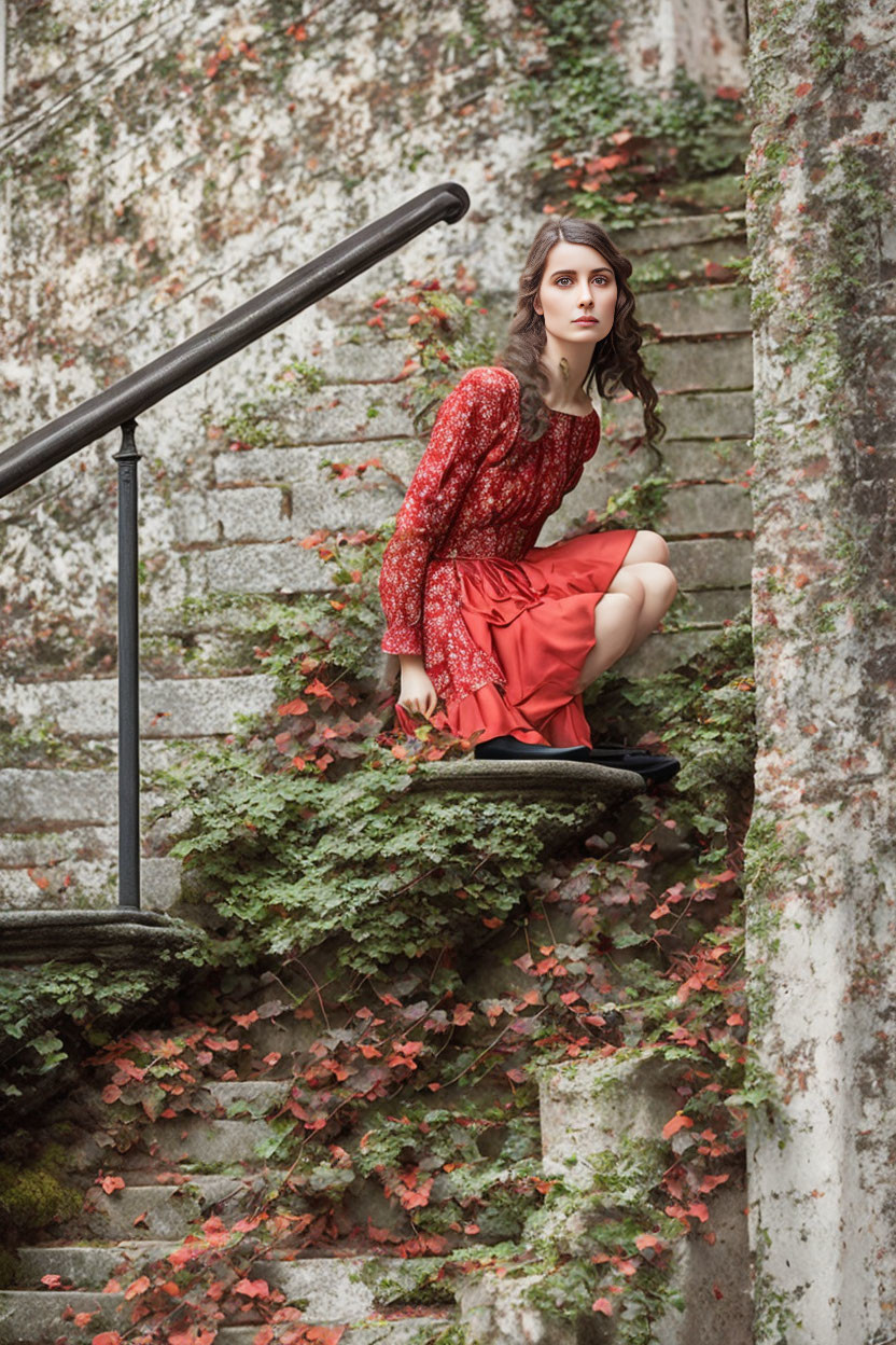 Woman in Red Dress Sitting on Moss-Covered Stairs with Ivy Leaves