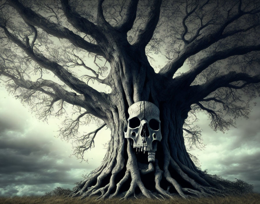 Spooky tree with skull carving under cloudy sky