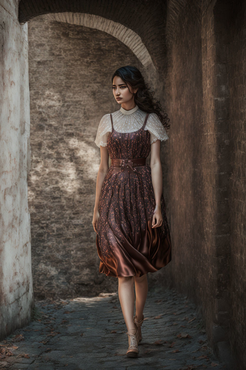 Vintage woman in brown lace dress walking through old arched tunnel