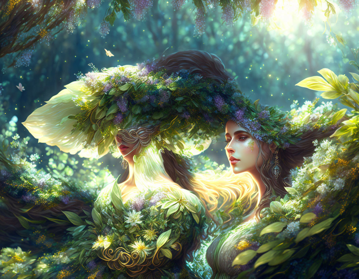 Ethereal women with floral crowns in enchanted forest