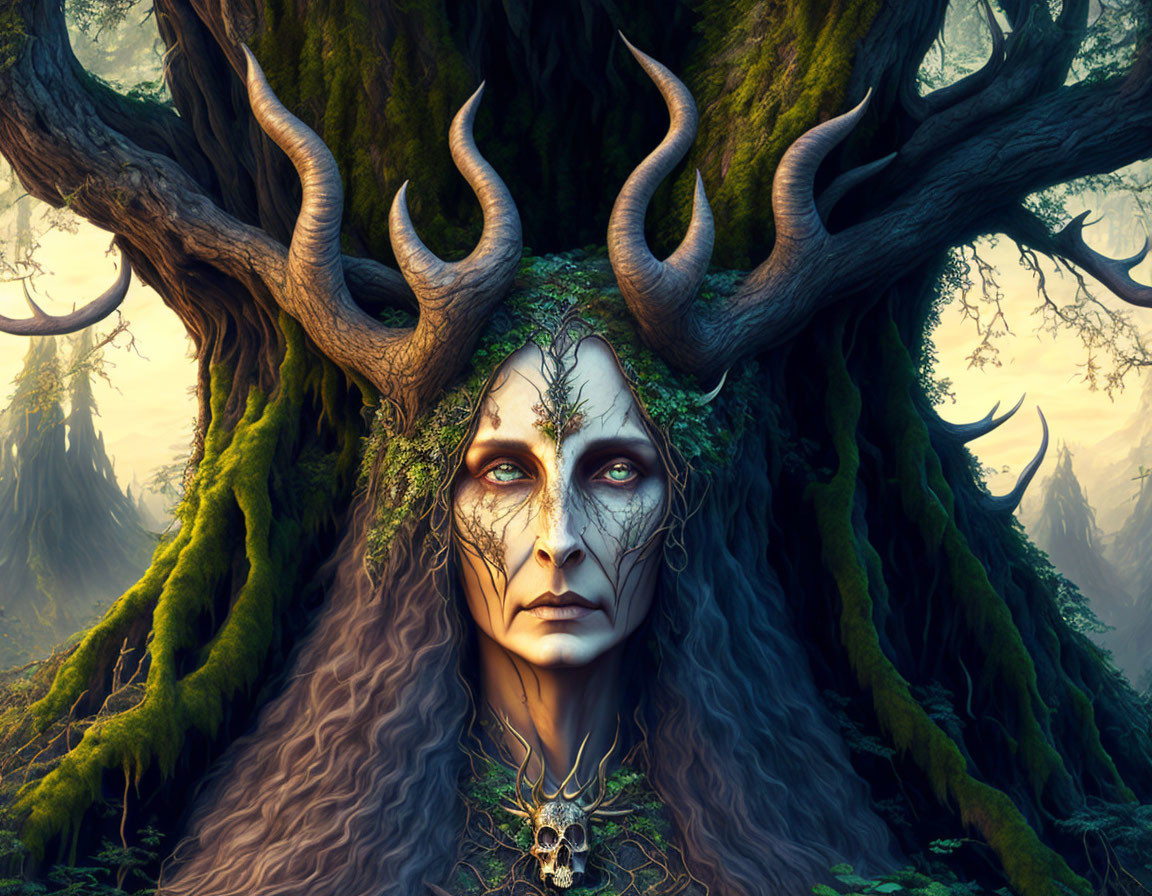 Woman's face merges with ancient tree in mystical forest scene