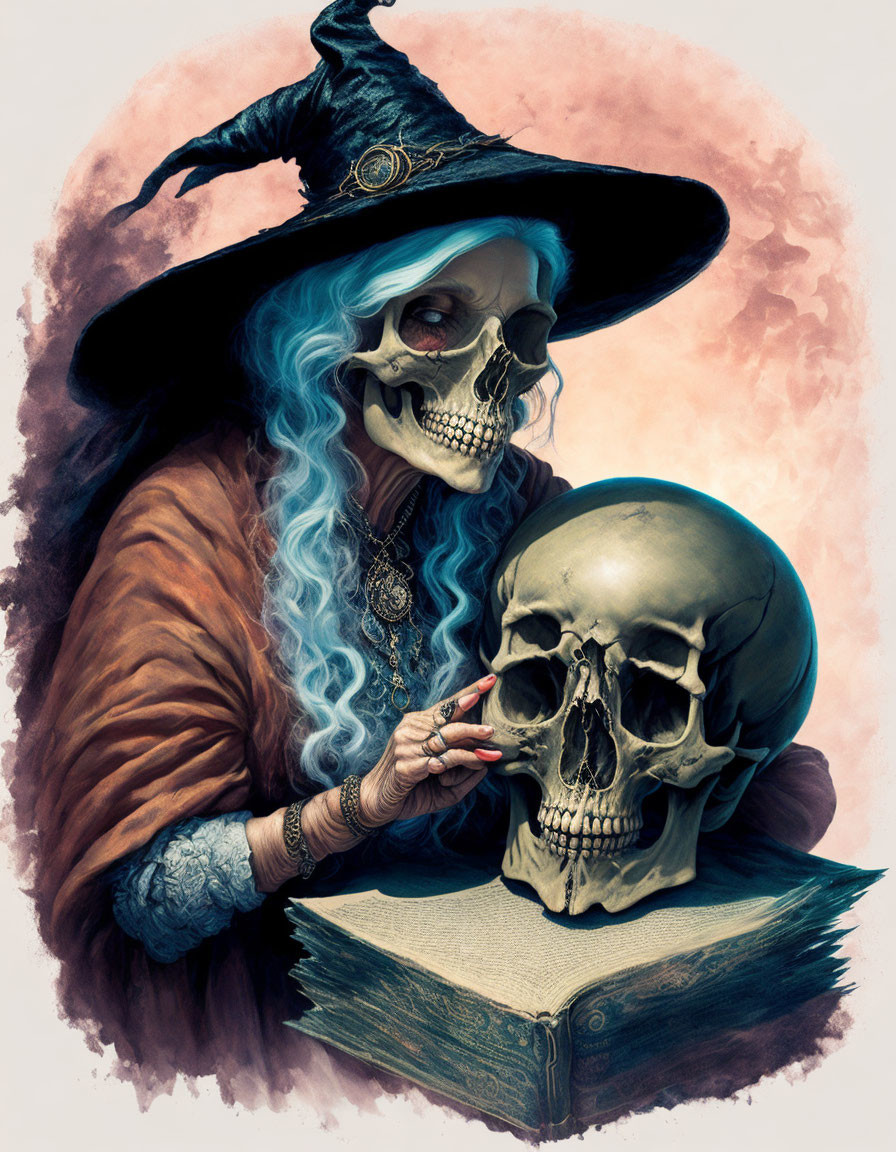 Skeletal witch with blue hair holding a skull and book on pink background