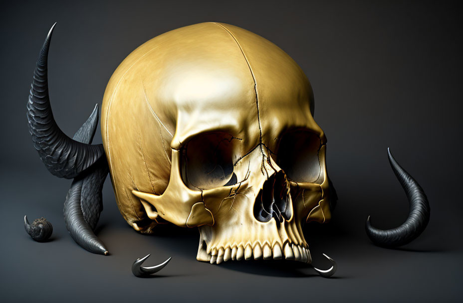 Golden human skull with large black horns on dark background - Gothic fantasy 3D rendering