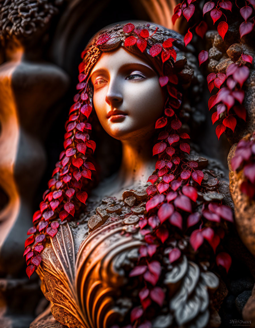 Intricate Woman Sculpture with Red Leaf Patterns and Textured Clothing