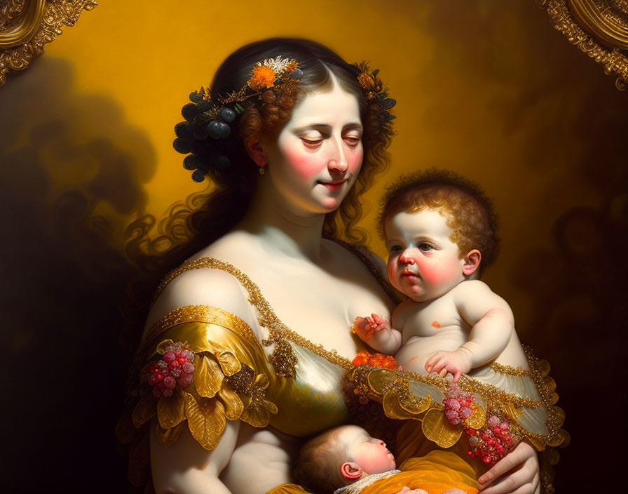 Classical painting of serene woman with flowers holding cherubic infant