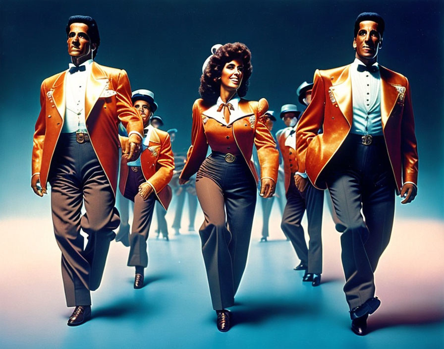 Three performers in vibrant orange tuxedos with vintage hairstyles against blue background