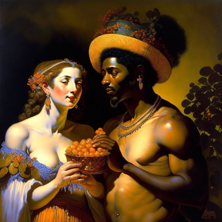 Classical painting of woman with grapes and shirtless man in warm light