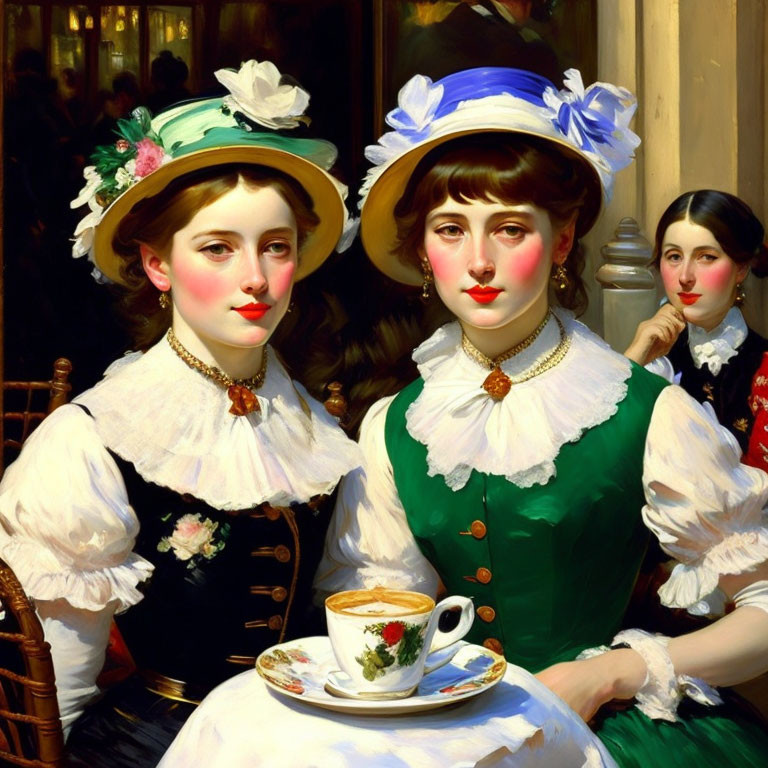 Vintage Attire Women at Cafe Table with Coffee Cup