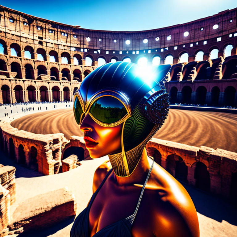 Stylish futuristic woman at Colosseum with reflective visor