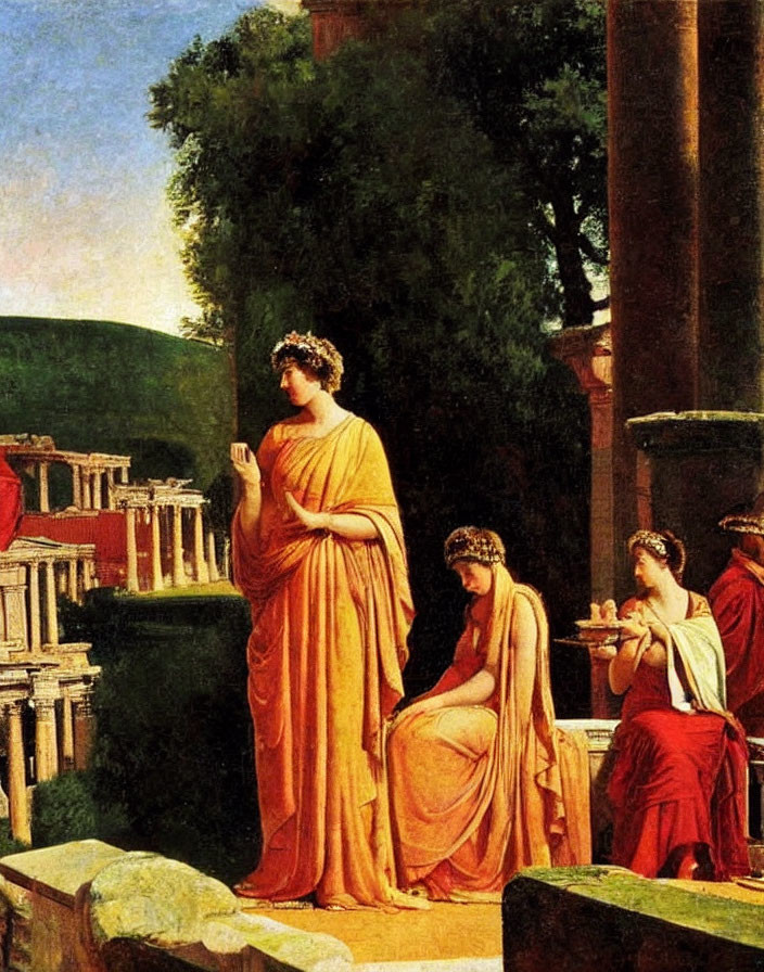 Classical painting of three women in Roman attire with architectural backdrop