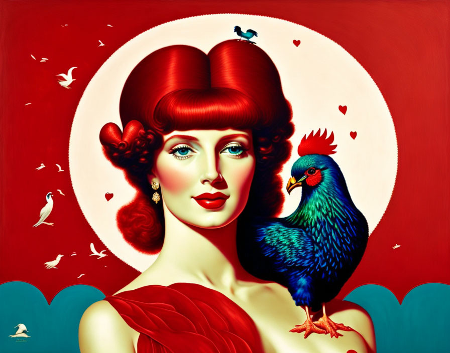 Vibrant red-haired woman with heart-shaped hair, blue rooster, and white doves on