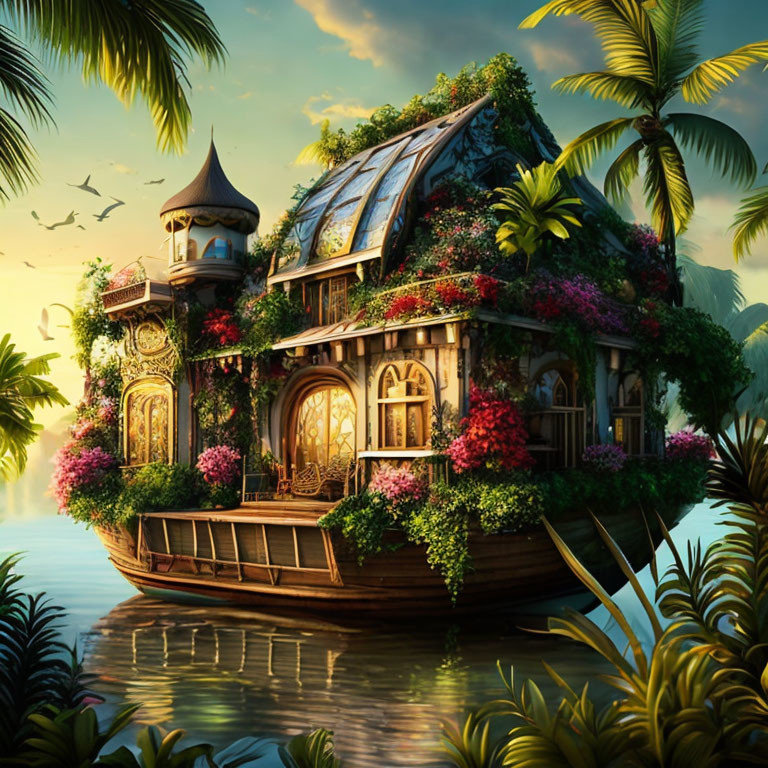 Houseboat with greenery, flowers, palm trees, and birds in golden sunset