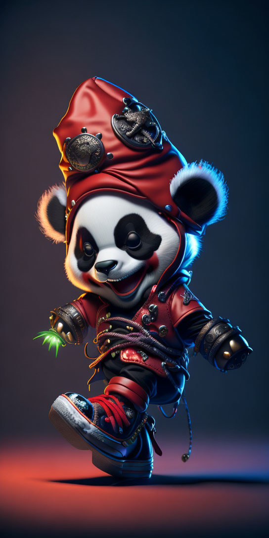 Stylized animated panda in edgy red & black punk-rock outfit