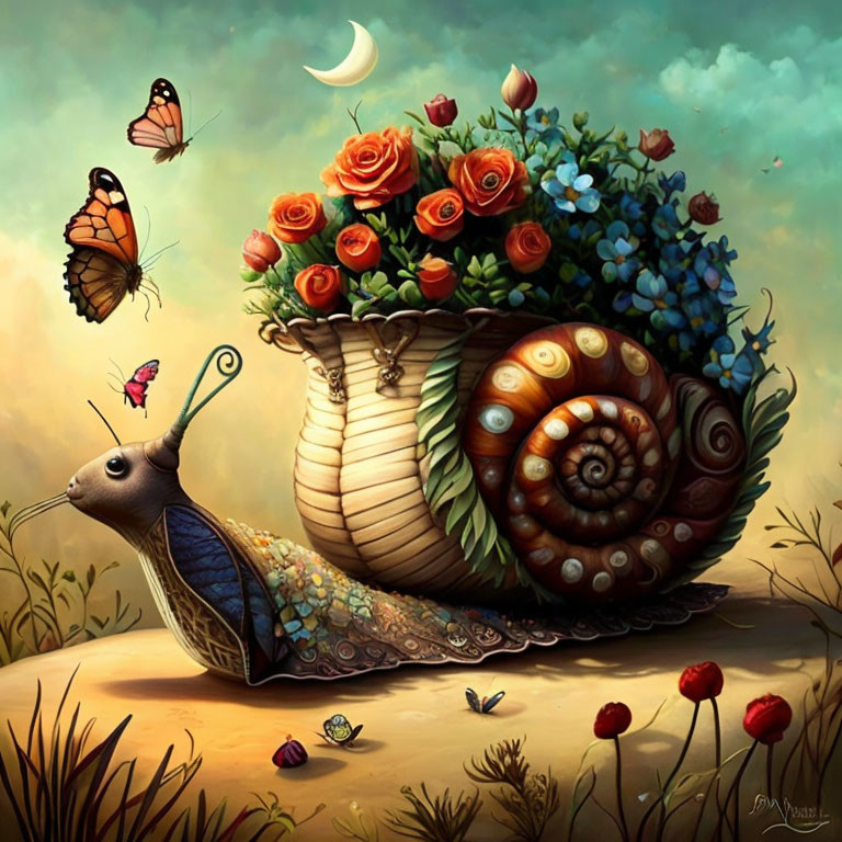 Colorful garden snail illustration with butterflies under crescent moon