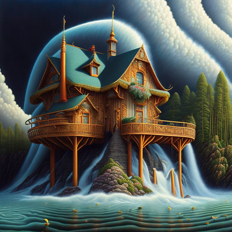 Wooden house on waterfall with ducks and pine trees in surreal sky