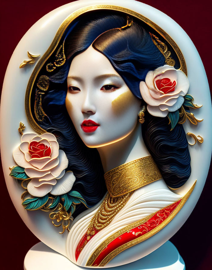 Detailed Asian woman bust sculpture with gold jewelry and floral adornments on maroon background