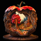 Circular Apple Frame Sculpture with Fantasy Landscape