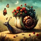 Colorful garden snail illustration with butterflies under crescent moon